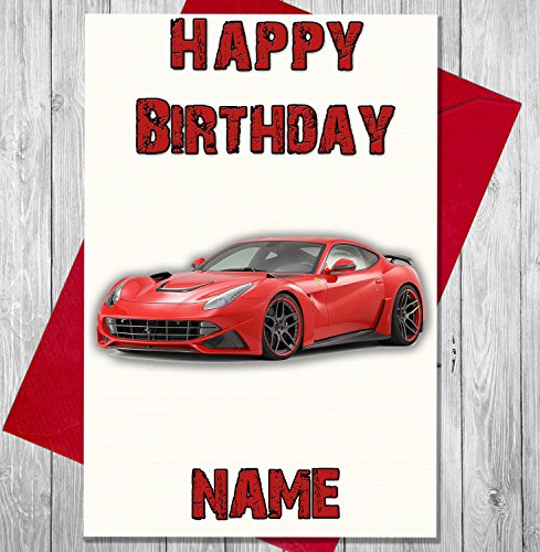 AKGifts Sports Car Red Ferrari Personalised Birthday Card - Any name and age printed on the front (7 - 10 BUSINESS DAYS DELIVERY FROM UK)