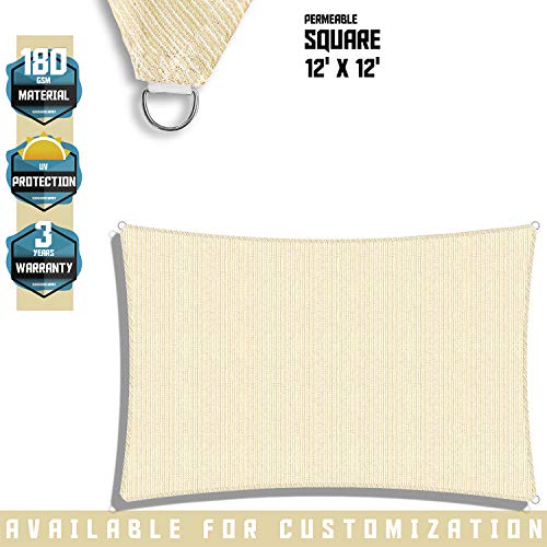 Sunshades Depot 12' x 12' Sun Shade Sail Square Permeable Canopy Tan Beige Custom Size Available Commercial Standard