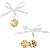 SUPERFINDINGS 2PCS Bride Flower Charms Golden Bouquet Photo Charms Round Locket for Bouquet 6.5cm Long Memorial Photos Pendants Brass Personalised Photo Charm with Ribbon