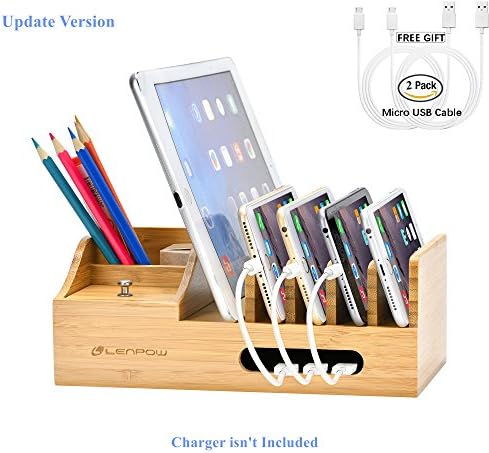 Bamboo Charging Dock Station Cellphone Stand Desk Phone Holder 5 Port Desktop Cable Organizer Compatible with Most USB Port Charger for iPhone11 Pro Max XS XR X Max Samsung S10+ Google Pixel LG iPad