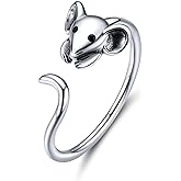 Qings Cute Mouse Ring 925 Sterling Silver Cubic Zirconia Open Ring, Adjustable Animal Wrap Ring Jewelry Gift for Women