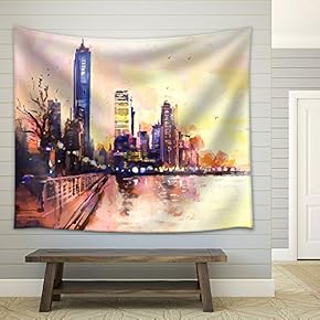 Digital Painting of City with Skyscraper and Ocean at Sunset. Rastr Stock Llustration - Fabric Wall Tapestry Home Decor - 51x60 inches
