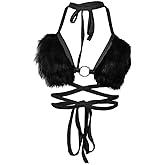 Women's Rave Furry Bra Top Strappy Halter Triangle Bralette Cami Tanks Festival Party Dance Hot Clubwear
