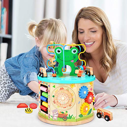 Amagoing Activity Cube, 11 in 1 Wooden Educational Learning Baby Toys with Bead Maze-First Birthday Gifts for 1 Year Old Boy and Girl Toddlers