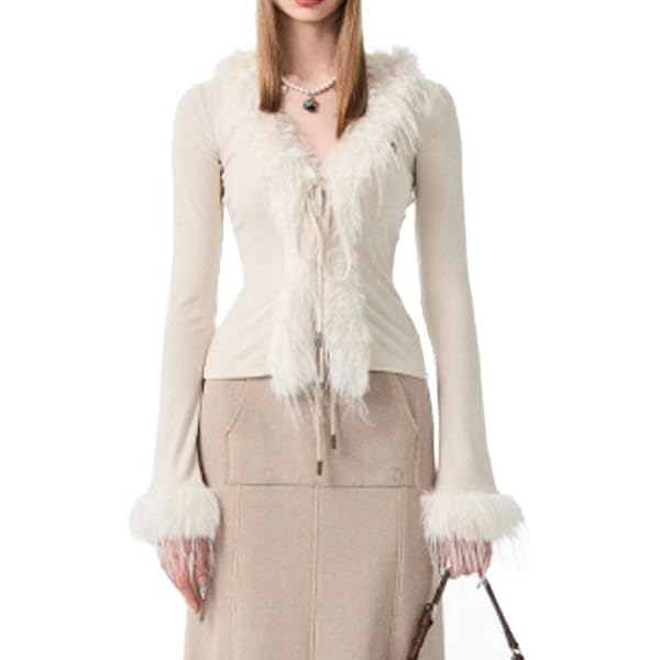 Faux Feather Top for Women Fur Trim Shirt Cardigan Y2k