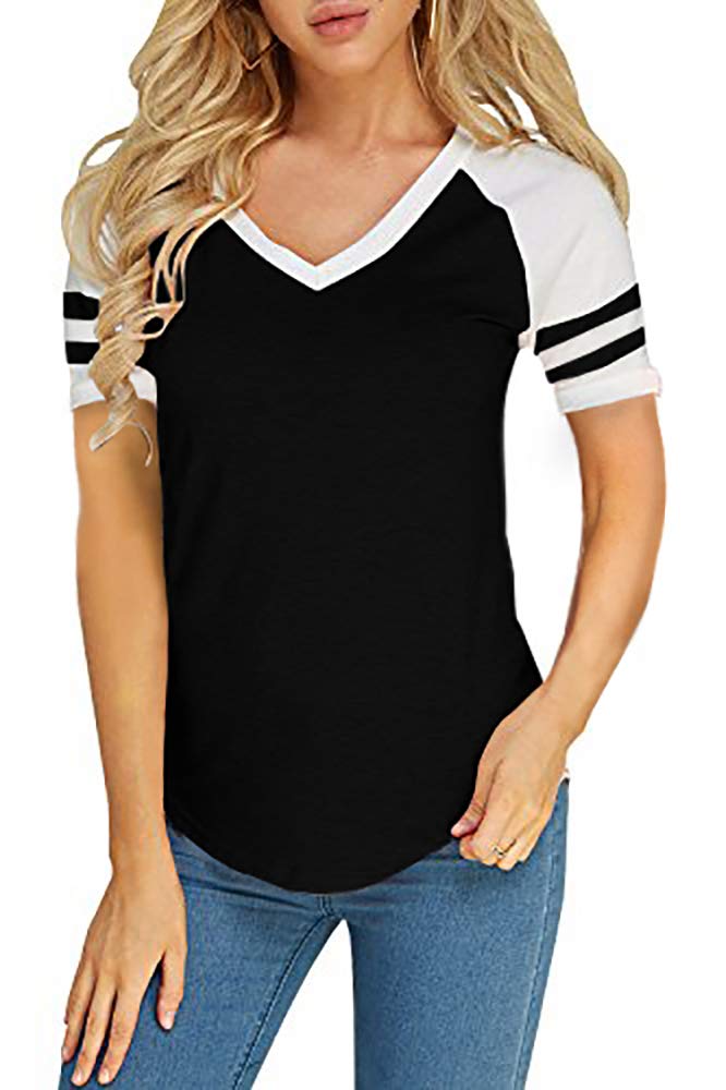 Photo 1 of Foshow Womens Baseball Raglan Color Block T-Shirts Summer Short Sleeve V Neck Tees Jersey Casual Blouses Tops Black