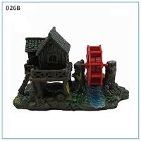Gaweb Resin Vintage House Red Waterwheel Bridge Fish Tank Decoration Aquarium Ornament