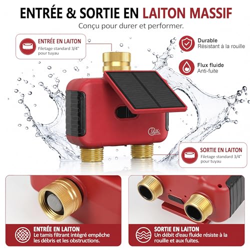 Programmateur d’arrosage WiFi 2 Zones, minuteur d’Eau Solaire Rechargeable à Double Sortie, raccords en Laiton, sans hub, app Smart Life, Compatible Alexa et Google Assistant
