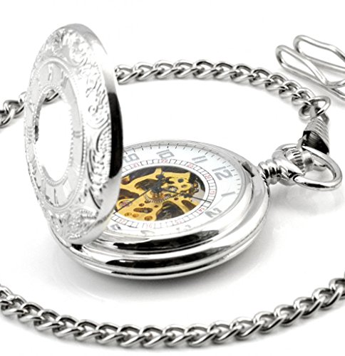 Infinite U Silver Dual Time Display Hollow Skeleton Steel Mechanical Movement Pocket Watch