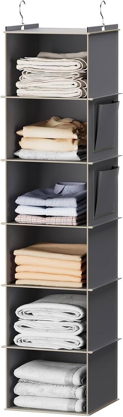 YOUDENOVA Grey 6 Shelf Hanging Closet Organizer Storage w/ Side Pockets