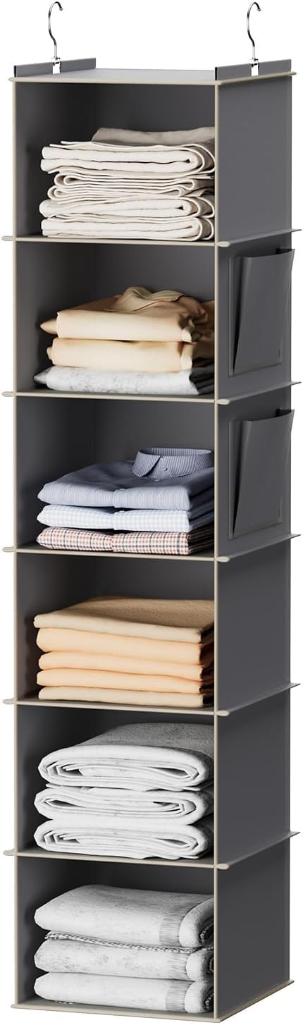 YOUDENOVA Hanging Closet Organizers 6 Shelves Wardrobe Storage Hanging Shelves With Side Pockets Clothes Organizer Bedroom Storage Grey
