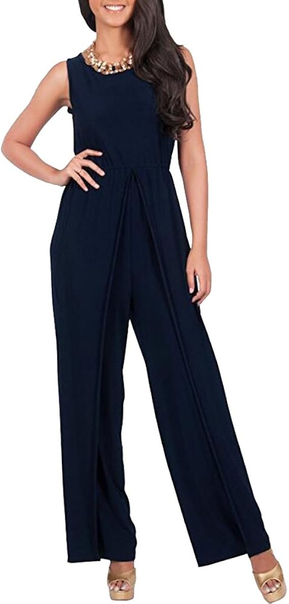 SaiDeng Damen Lang Ärmellos Weites Bein Jumpsuit Wide Leg Overall