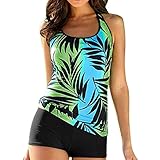 Swimwear S-5XL, Women's Leaf Print Tankini Swimsuits Modest 2 Piece Bikini Set With Swim Shorts (Green, XL)