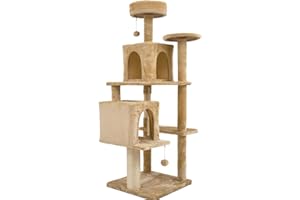 TSCOMON 58.3" Large Cat Tree Tall Cat Tower for Indoor Cats Multi-Level Plush Cat Cando with 2 Soft House, 1 Sisal Rope, 1 Thick 4.3" Cat Post, 2 Hang Ball, Beige