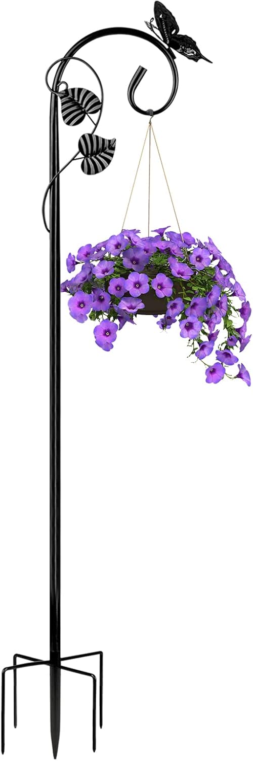 Outdoor Shepherd's Hooks - Art Elf Shepherds Hooks for Outdoor Hummingbird Bird Feeder Pole Hanger 67 Inches with 5 Prongs Base Stainless Metal Adjustable Garden Hanging Holder Weddings Garden Decor Butterfly 1-Pack Black