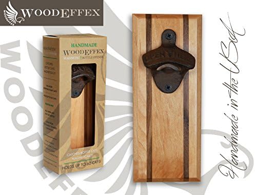 Bottle Opener Magnetic Cap Catcher - Handmade Alder with Walnut Inlay with Antique Bronze Opener - No Personalization