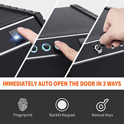PRYMAX Biometric Gun Safe, Smart Pistol Safe with 4 Digits Code, Wall Mount Bracket, Quick Access with Auto-Open lid, 2 Handgun Capacity, Gun Cabinet for Home and Car Security