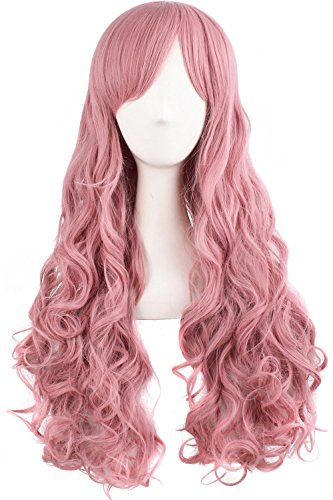 Tsnomore Long Curly Lolita Cosplay Wig junko cosplay wig + 2 clip on pigtail --Pink