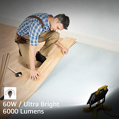 Olafus 60W LED Work Lights, 400W Equivalent, 6000LM Construction Light with Stand, IP66 Waterproof Outdoor Job Site Worklight, LED Working Lighting for Workshop, Garage, Jetty, 5000K Daylight White