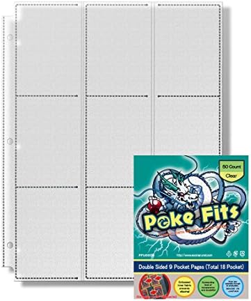 Poke Fits Trading Card Protectors Clear (50 Count) Double Sided 9 Pocket Pages (Total 18 Pocket)