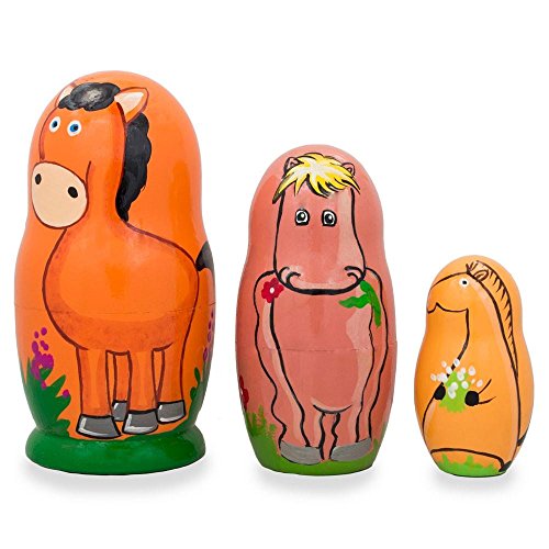 4.25" Set of 3 Horses with Flowers Wooden Nesting Dolls