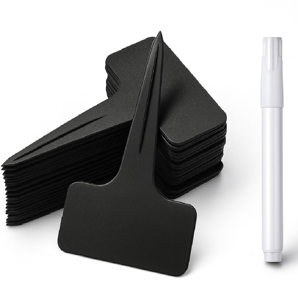 KINGLAKE Plastic Plant Labels and Pen, 100Pcs Thick Plant Markers & Labels for Outdoor Plants, Black Plant Name Tags Garden Labels for Potted Plants, Seed, Herb, Vegetables, Flower, T Type, 10x6cm