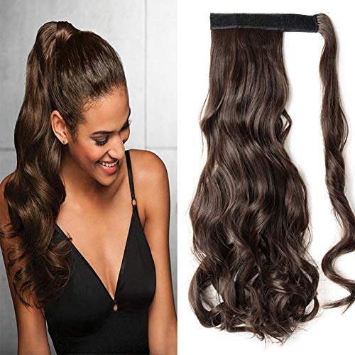 One Piece Ponytail Hair Extensions Clip in Wrap Around on Pony Tail 125G Thick Real Natural Synthetic Fibre Ponytail Hairstyle Hairpiece for Women Curly 17 inch medium brown