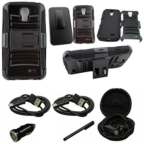 Mstechcorp - [Heavy Drop Protection] For ZTE Rapido 4G LTE Z932 (Straight Talk), Belt Clip Holster Attached Protective Case - Includes [Hands Free Earphone With Carrying Case] + [Touch Screen Stylus] + [Car Charger 2 Data Cable] (H BLACK)