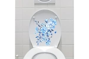 Blue Flower Bouquet Pattern Toilet Cover Sticker Decals,Fish Bird Flower Leaf Waterproof Toilet Lid Tank Seat Decals Cistern 