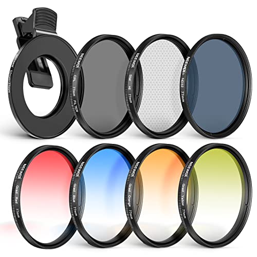 NEEWER 77 mm Lens Filter Kit with Mobile Phone Lens Clip, CPL, ND32, 6 Point Star Filter, Graduated Filter (4 Colours), Compatible with iPhone 15 14 Pro Max 13 12 11 & Canon Nikon Sony Cameras