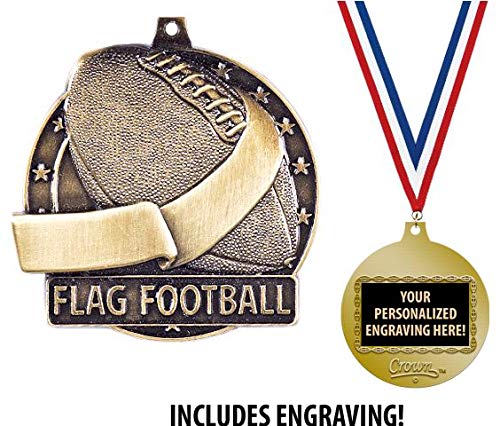 Flag Football Medals, 2" Gold Flag Football Medal Award with Free Custom Engraving Prime