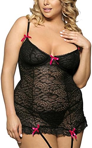 CLASSY KISS Plus Size Lace Apron Style Babydoll Set With Five Red Satin Bow Black-3XL