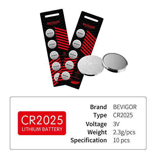 Bevigor CR2025 Lithium 3V Coin Battery, 10 Pack Cell Coin Batter，Long