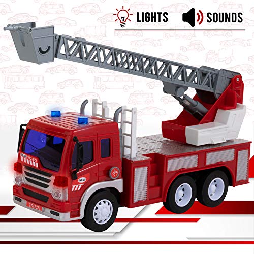 Toy To Enjoy Fire Engine Truck with Helicopter Toy - Light & Sound Effects - Friction Powered Wheels - Heavy Duty Plastic Toy for Kids & Children - Emergency Rescue Vehicle