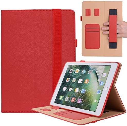 Wonzir iPad Case for New iPad 9.7（2017 2018）/ iPad Pro 9.7/ Air 1 2, Premium Leather Protective Case Shockproof Smart Auto Wake/Sleep Folio Cover with Stand Hand Strap Card Slots Pencil Holder (Red)
