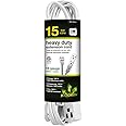 Go Green Power Inc. 15ft Extension Cord with 3 Outlets, White - Compact, Flush-Fit Design, Heavy Duty, Grounded Plug - Ideal for Home & Small Appliances - GG-19615