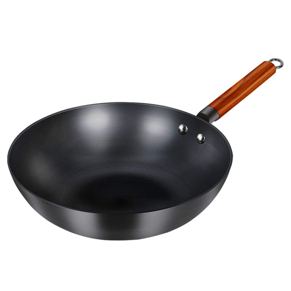 Iron Wok Pan, Cast Iron Stir Fry Pan with Wooden Handle for Induction Cooker Gas Stove-13 in