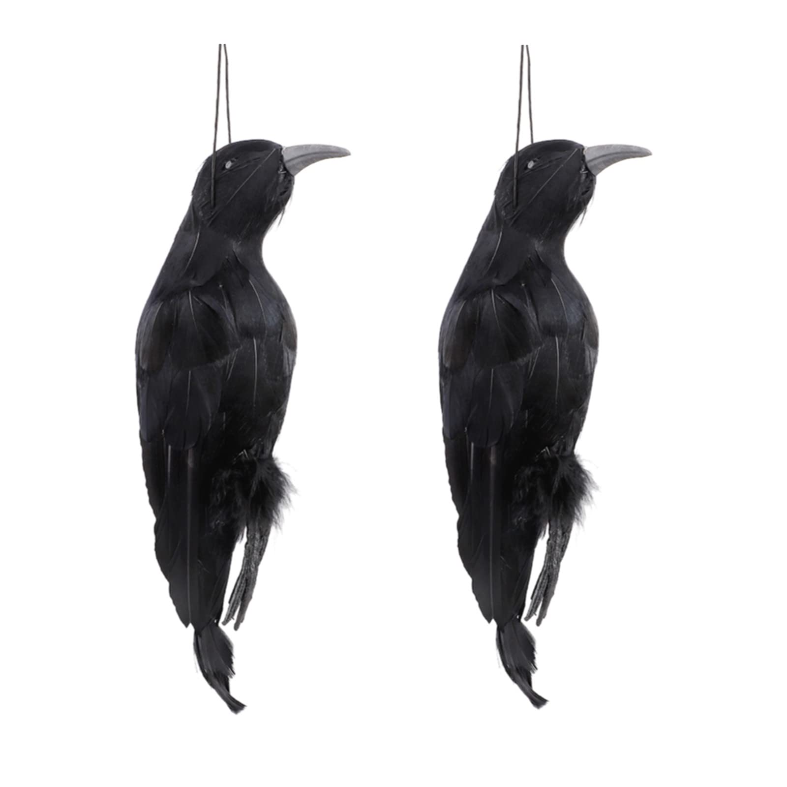 KWQBHW 2 Pcs Realistic Hanging Dead Crow Black Feathered Crow Fake Crow Decoy 32cm Large Ravens for Halloween Party Bar Decoration Haunted House Scary Prop