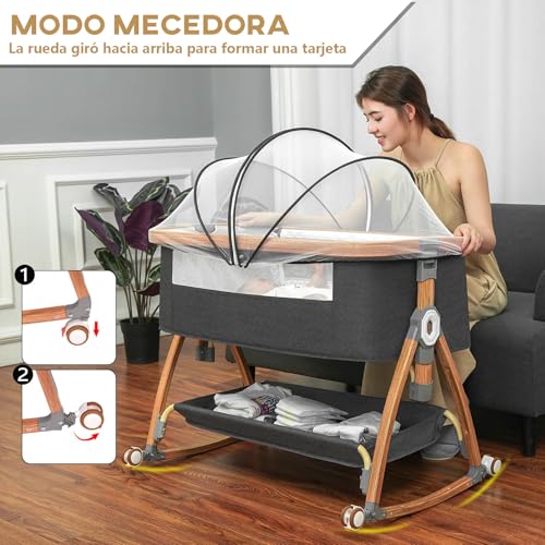 Muja Cuna Multifuncional, Colecho para Padres, Cuna con Mosquitero, Portátil, Ajustable, Convertible a Mecedora, Rueda Silenciosa, Cesta de Almacenamiento(Gris Oscuro)