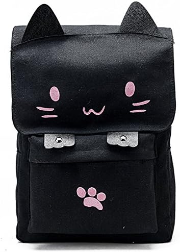 Cute Canvas Cat Print Backpack School Bag Lightweight Bookbags (black pink 1)