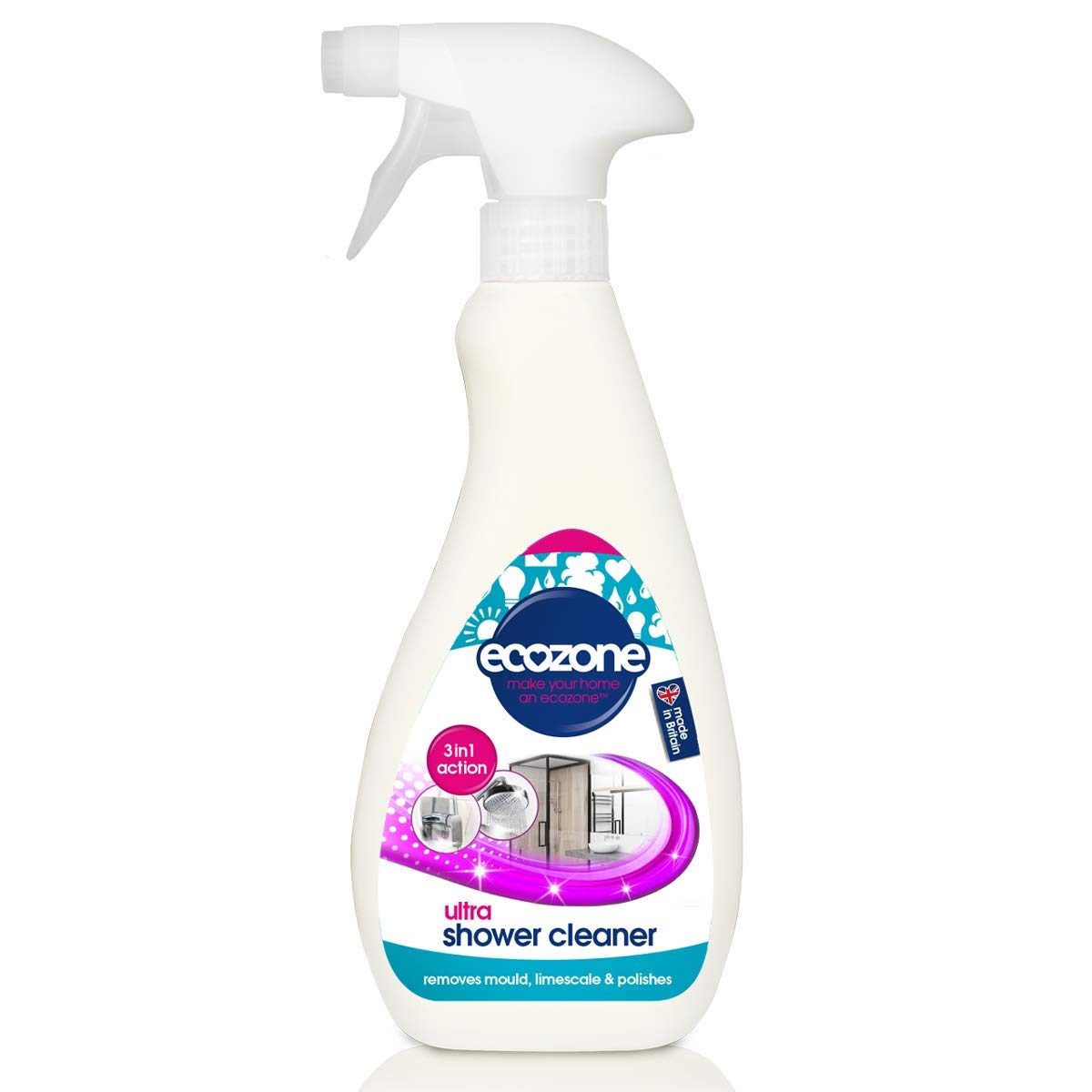 EcoZone Ultra Shower Cleaner, 3-in-1 Anti-Bacterial De-Scaler & Anti Mould Polish, Cleaning Spray & Leave Formula, High Shine Finish, Natural Vegan & Non Toxic, Plant Based & Cruelty-Free (500ml)