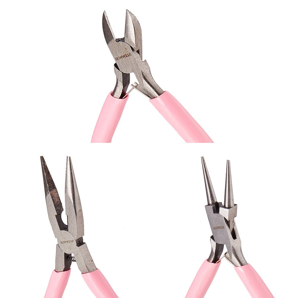 SUNNYCLUE 3pcs Jewelry Pliers Tool Set Professional Precision Pliers for DIY jewelry making - Side Cutting Pliers, Long Chain Nose Pliers with Cutter, Round Nose Pliers, Pink