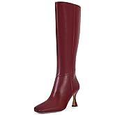 Dsevht Red Leather Knee High Boots for Women Stiletto Kitten Heeled Sexy Tall Boots Square Toe and Side Zipper Design Fashion Dress Boots