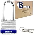 LanuBe Laminated keyed Padlock (1-9/16", 40mm), keyed Alike Locks, Long Shackle,Marked Blue Plastic Hoop, Pack of 6…