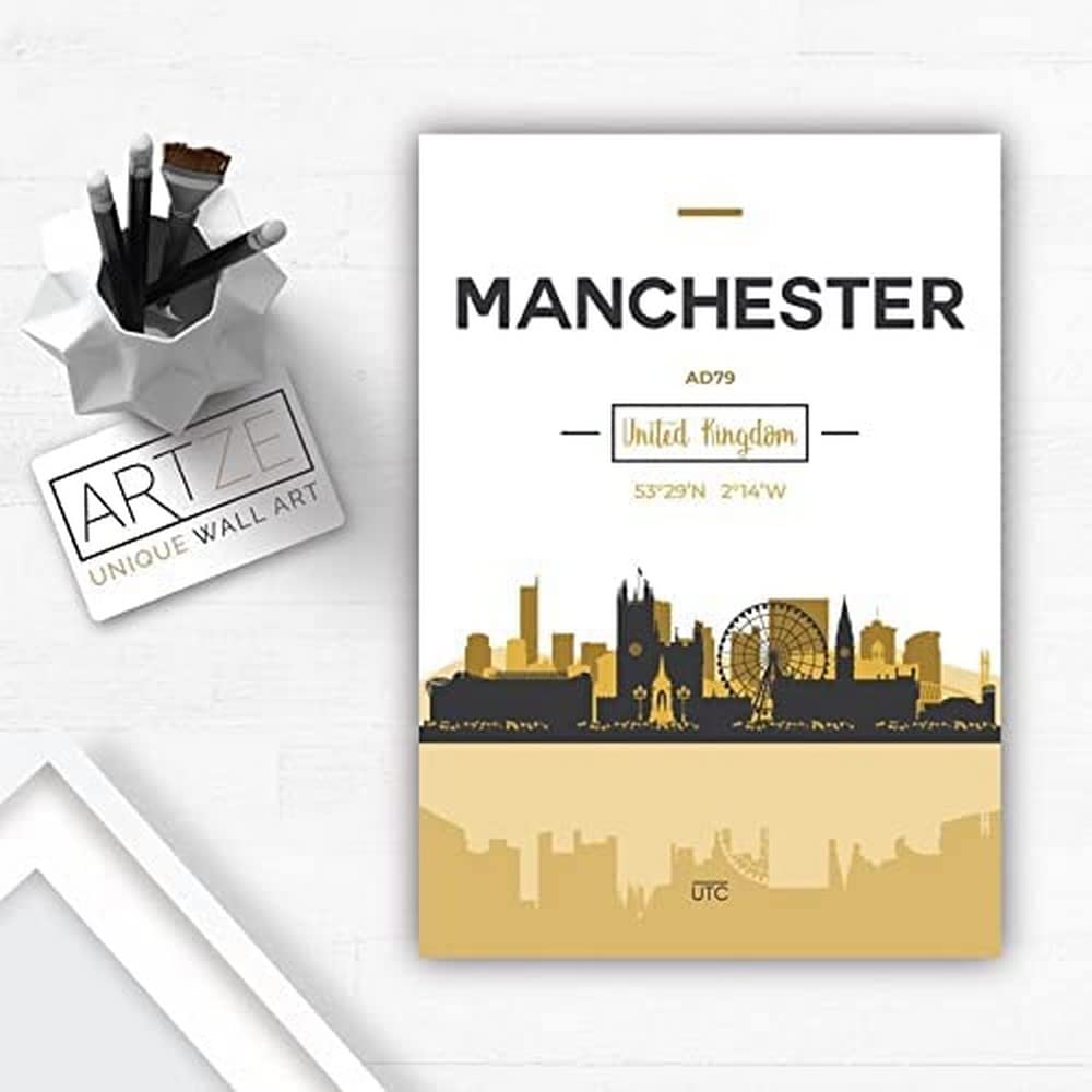 Artze Wall Art Manchester Skyline, Manchester Cityscape England Wall Art Print Poster, A1 Size, Yellow/Grey