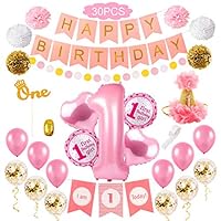 First Girl Birthday Party Decorations - 1st Girl Birthday Decorations/First Girl Party Decor | High Chair Decorations, Number 1 balloon, 1st Bday Hat, Cake Topper, Happy Bday banner, paper Pom Poms, Latex&confetti balloons