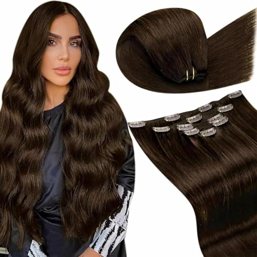 LaaVoo Clip in Human Hair Extensions, Chocolate Brown 80 g, Natural Remy Human Hair, Light and Invisible for Daily Use, 30 cm, 5 Pieces Colour 4