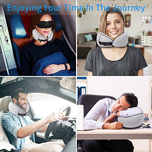 Yarrashop Travel Neck Pillow Orthopaedic Neck Pillow Sleeping Memory Foam Fabric Ergonomic Neck Support Pillow for Comfortable Sleep on Plane, Car or Train Update Gray