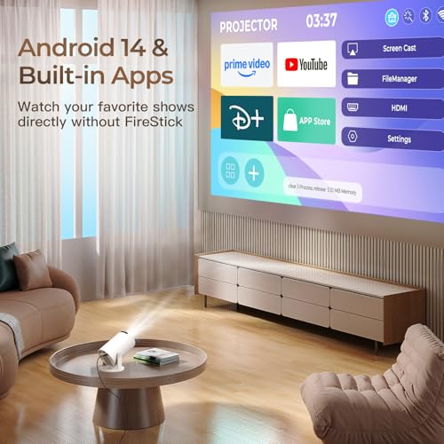 Video Projector with Wi-Fi 6 & Bluetooth 5.4, Built-in Apps Supports 4K Full HD Mini Video Projector, Android 14, Auto Keystone, 2026 Upgraded Projector for HDMI/iPhone/USB White