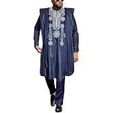 HD African Mens Apparel Agbada Clothing Embroidery Dashiki Shirts and Pants Outfits 3 Pieces